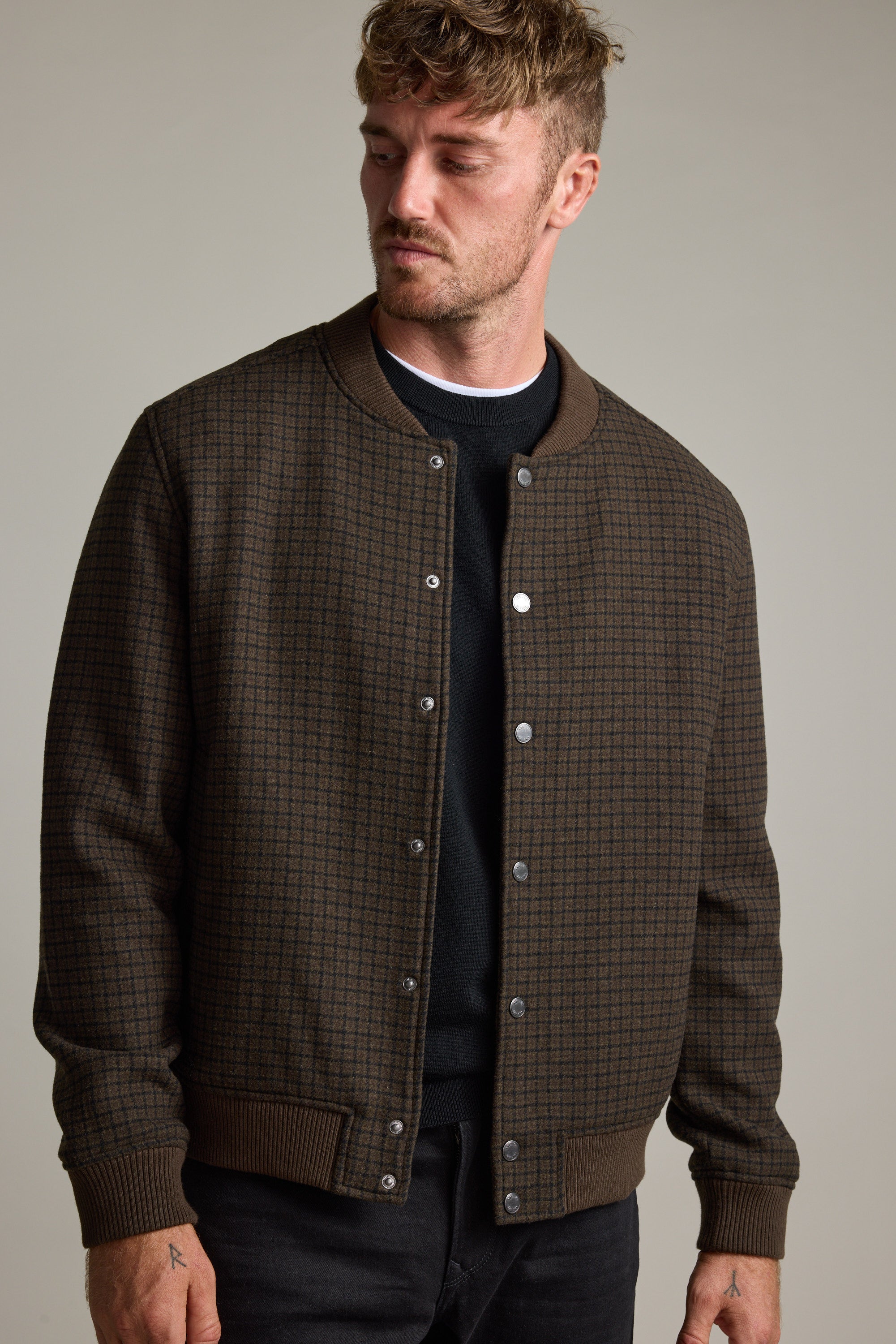 Shop Leland Wool Bomber Jacket (BROWN CHECK) | Barkers