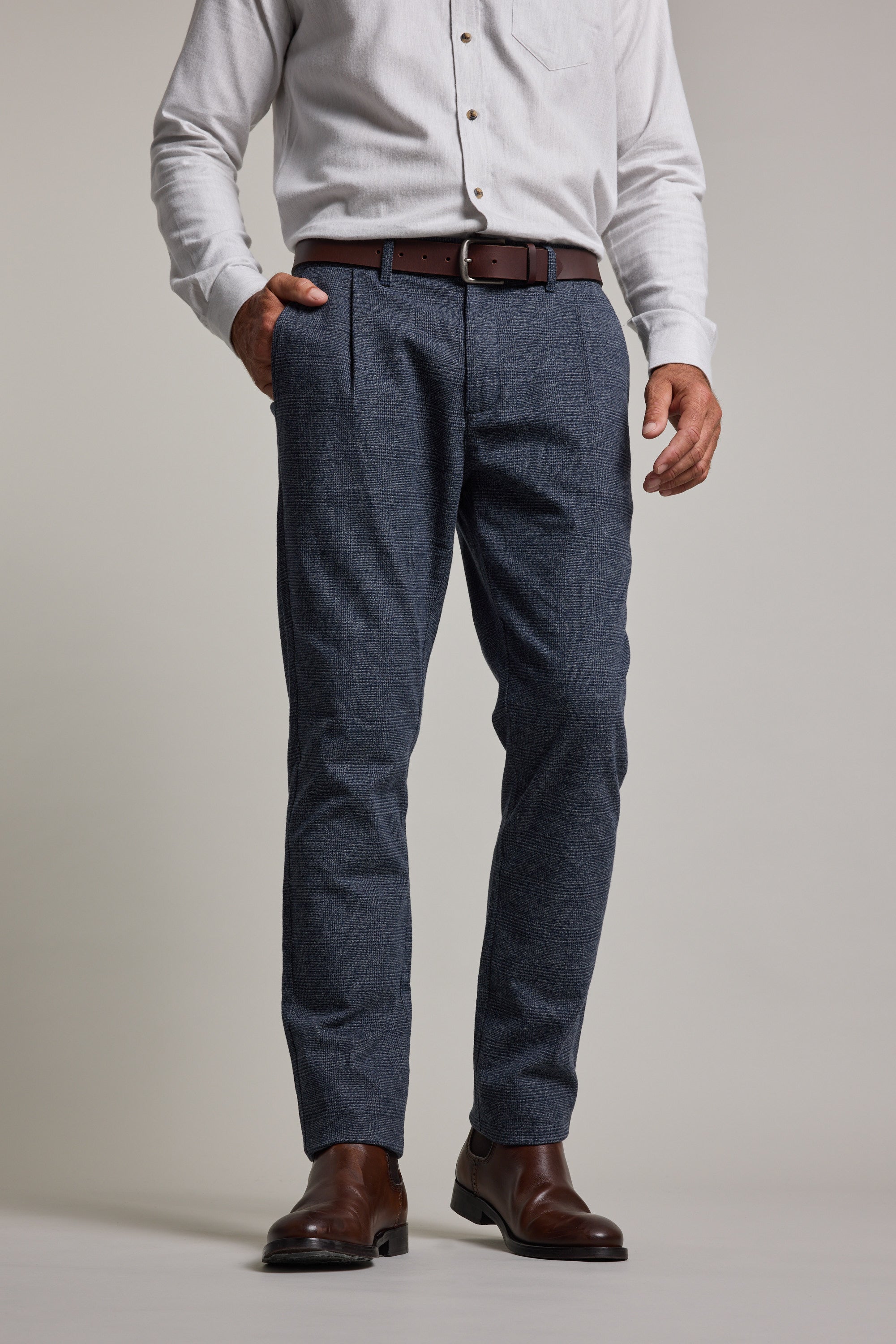 Barkers Newman Cotton Pant in navy check, relaxed fit, alternate view