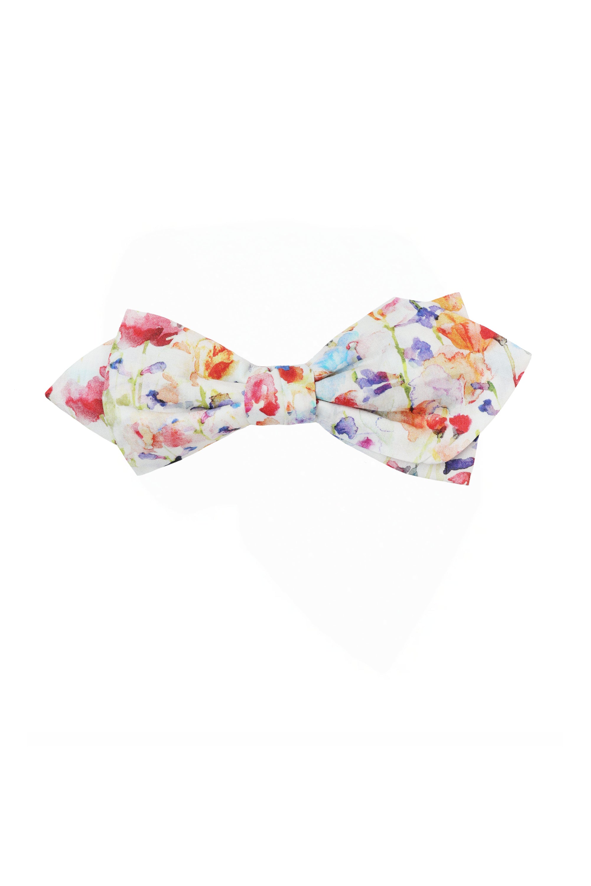 Handmade in New Zealand, the Liberty Inky Fields Bowtie by Liberty features a colorful floral watercolor pattern on white Tana Lawn cotton with splashes of red, orange, purple, and green.