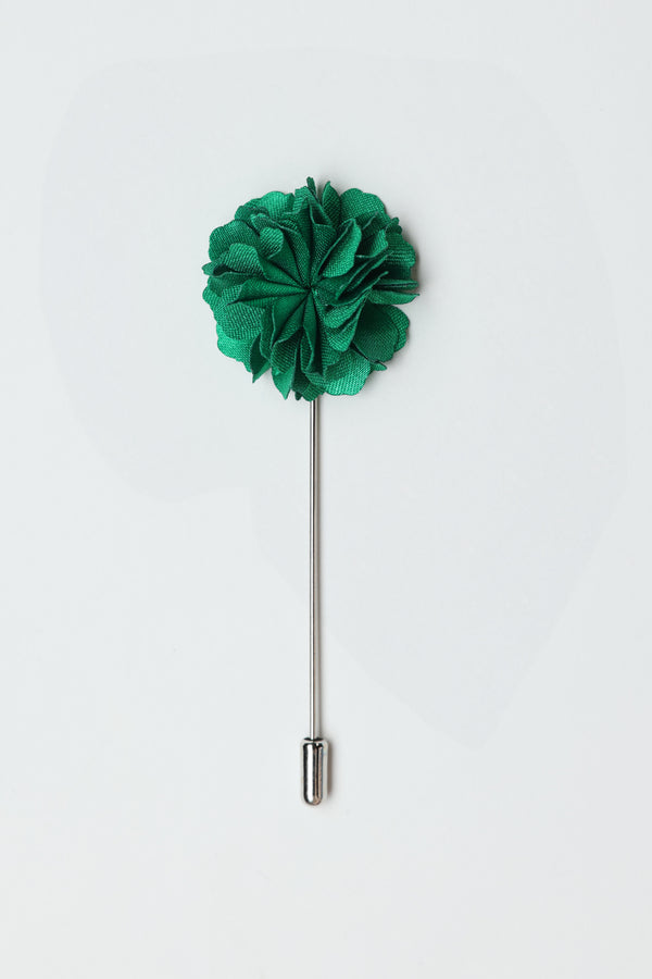 The Parisian Fraser Flower Lapel Pin features a green flower with a silver stem and cap, shown on a white background—an elegant accessory perfect for formal occasions.