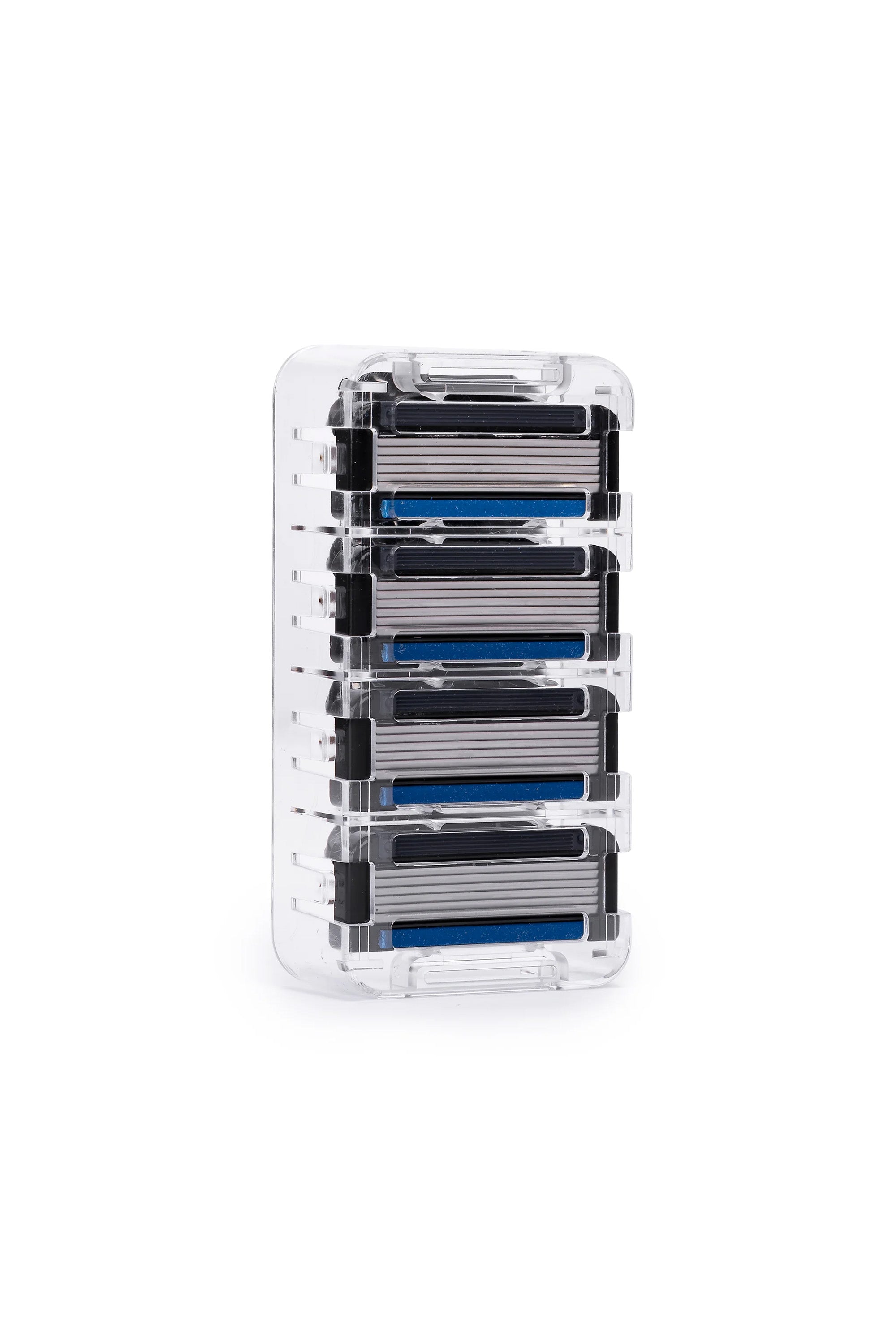 A clear plastic case holds four stacked Earnest Empire 6 blade cartridges by Other, each with black and blue accents and precision blades, set against a plain white background.