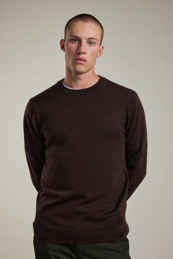 A young man with short hair wears a dark brown Skyland ZQrx Merino Crew by Barkers, made from sustainable merino wool, standing against a plain light background with a neutral expression and his hands behind his back.