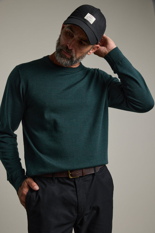 Man in Barkers Skyland ZQrx Merino Crew, showcasing ethical New Zealand merino clothing.