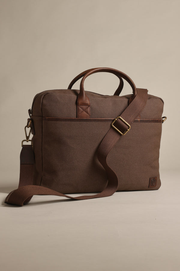 Barkers Redford Canvas Laptop Bag with premium leather handles and adjustable strap shown.