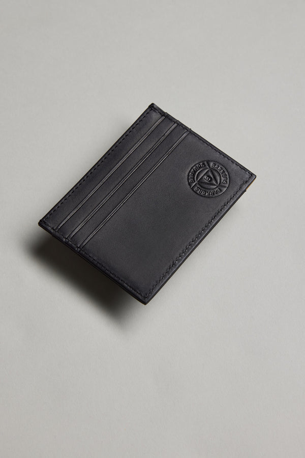 Barkers Taylor Leather Card Wallet in black, embossed logo, shown on light gray background.