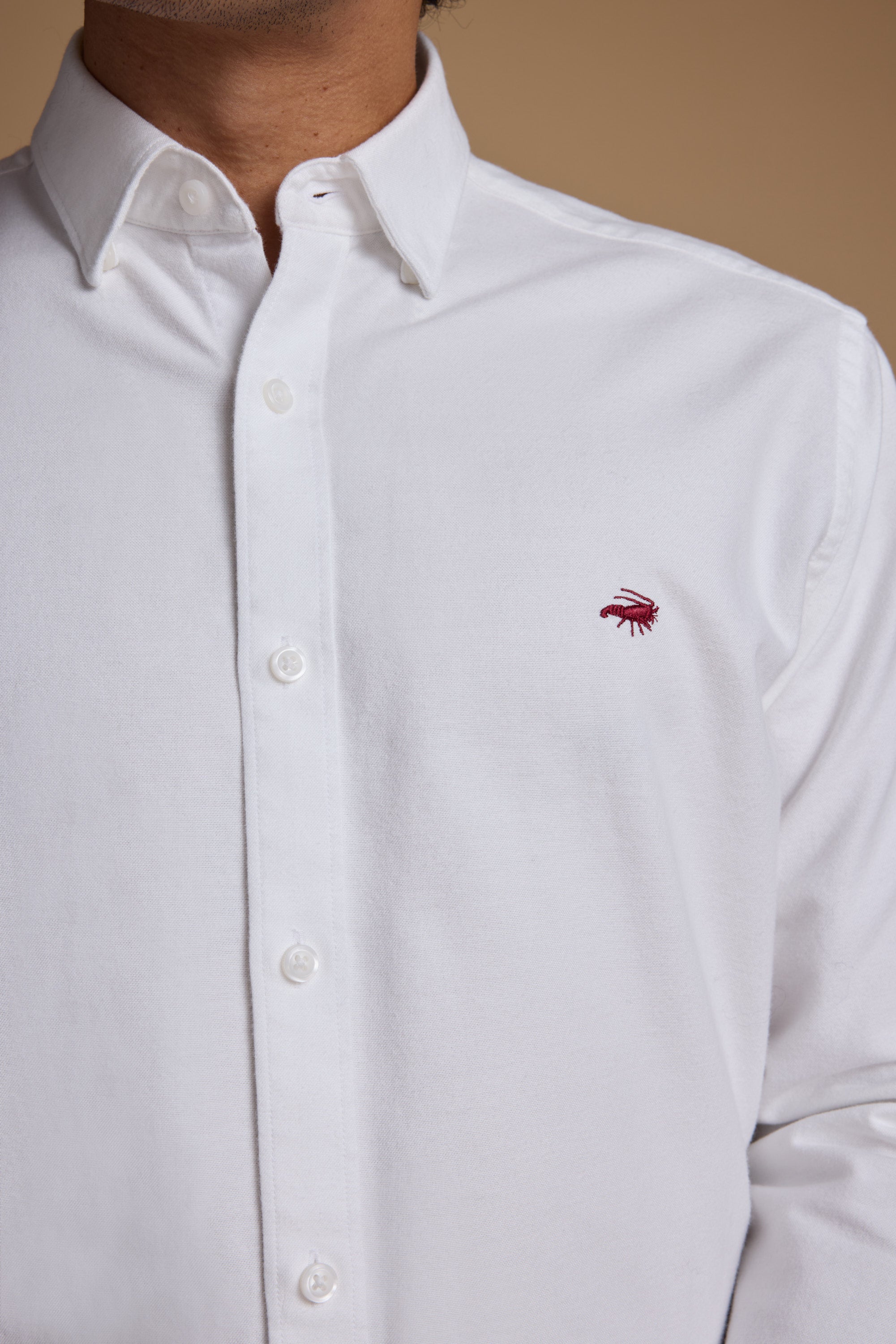 A person wearing the Barkers Maynard Oxford Shirt, made from responsibly sourced cotton with a small red embroidered chest logo, is shown from shoulders to waist against a neutral background.