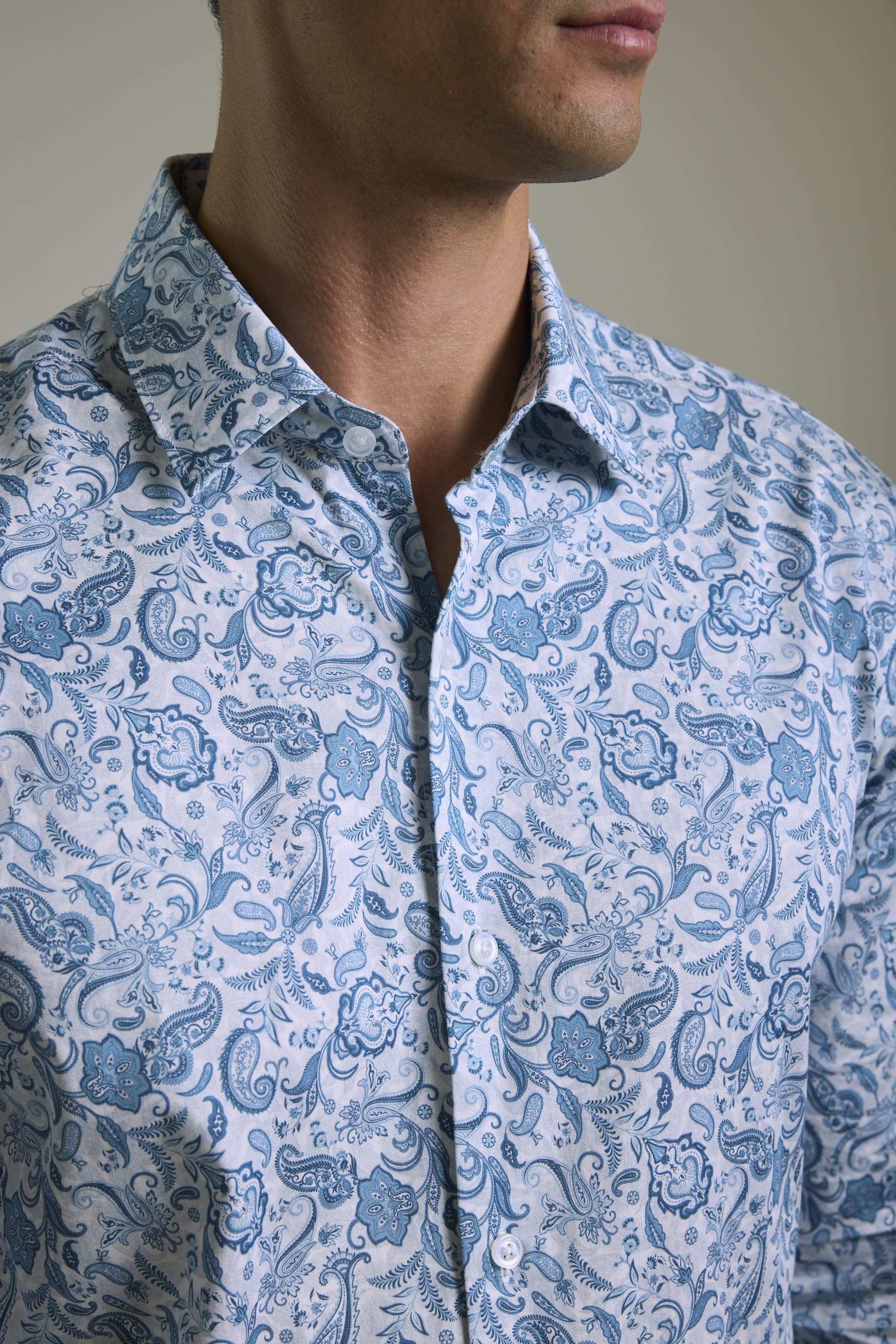 Man in Barkers Ronton Print Business Shirt, shown shoulders to chin.