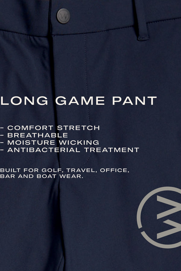 Close-up of the WearEver Long Game Pant in navy—lightweight, comfy stretch, breathable, moisture wicking, and antibacterial. Perfect performance pant for golf, office, bar, boat. By WearEver.