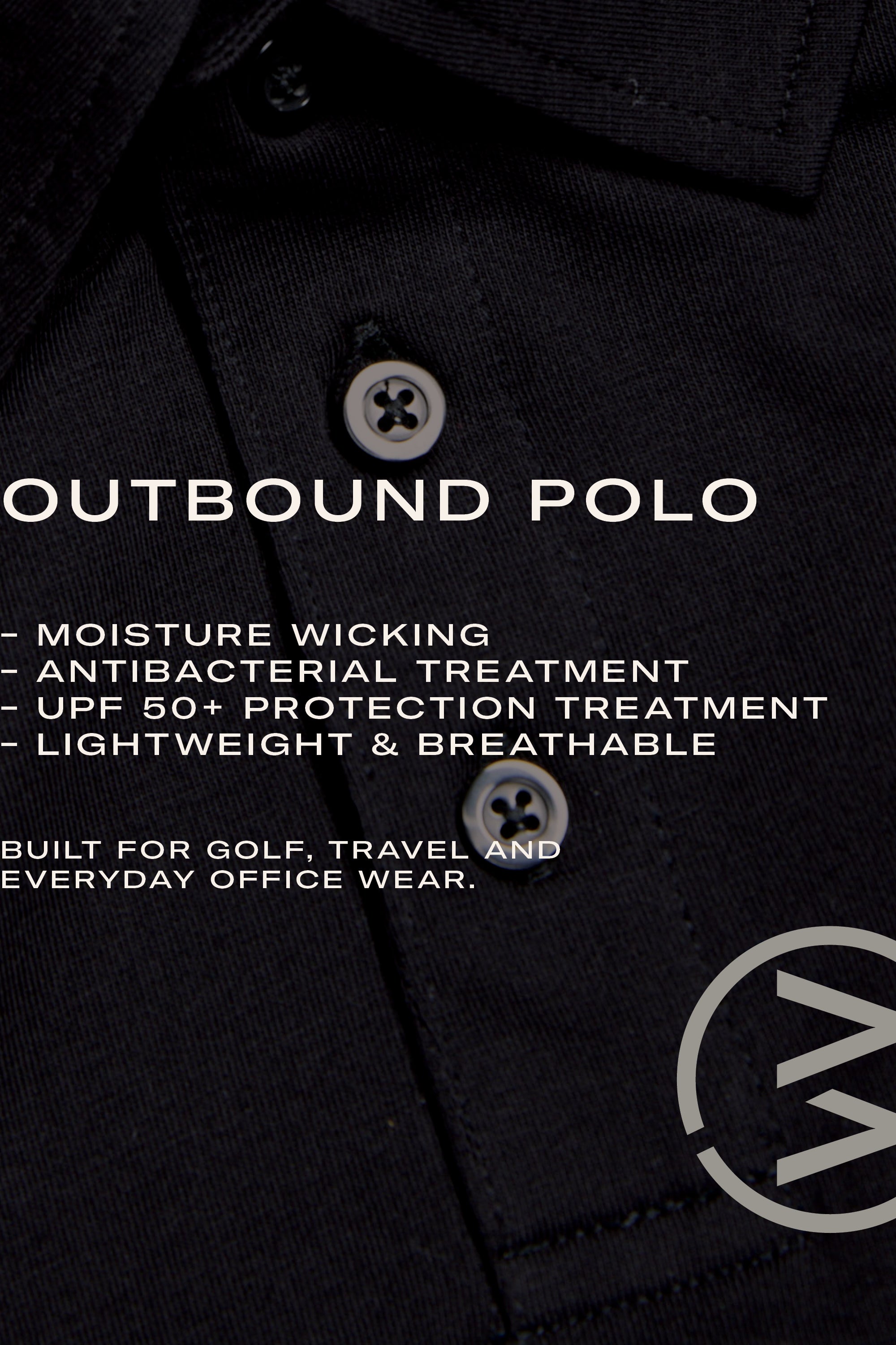 Close-up of the WearEver Outbound Polo in a breathable cotton-blend with lightweight stretch, moisture wicking, antibacterial treatment, and UPF 50+—perfect for golf, travel, or office. Subtle WearEver logo at bottom right.