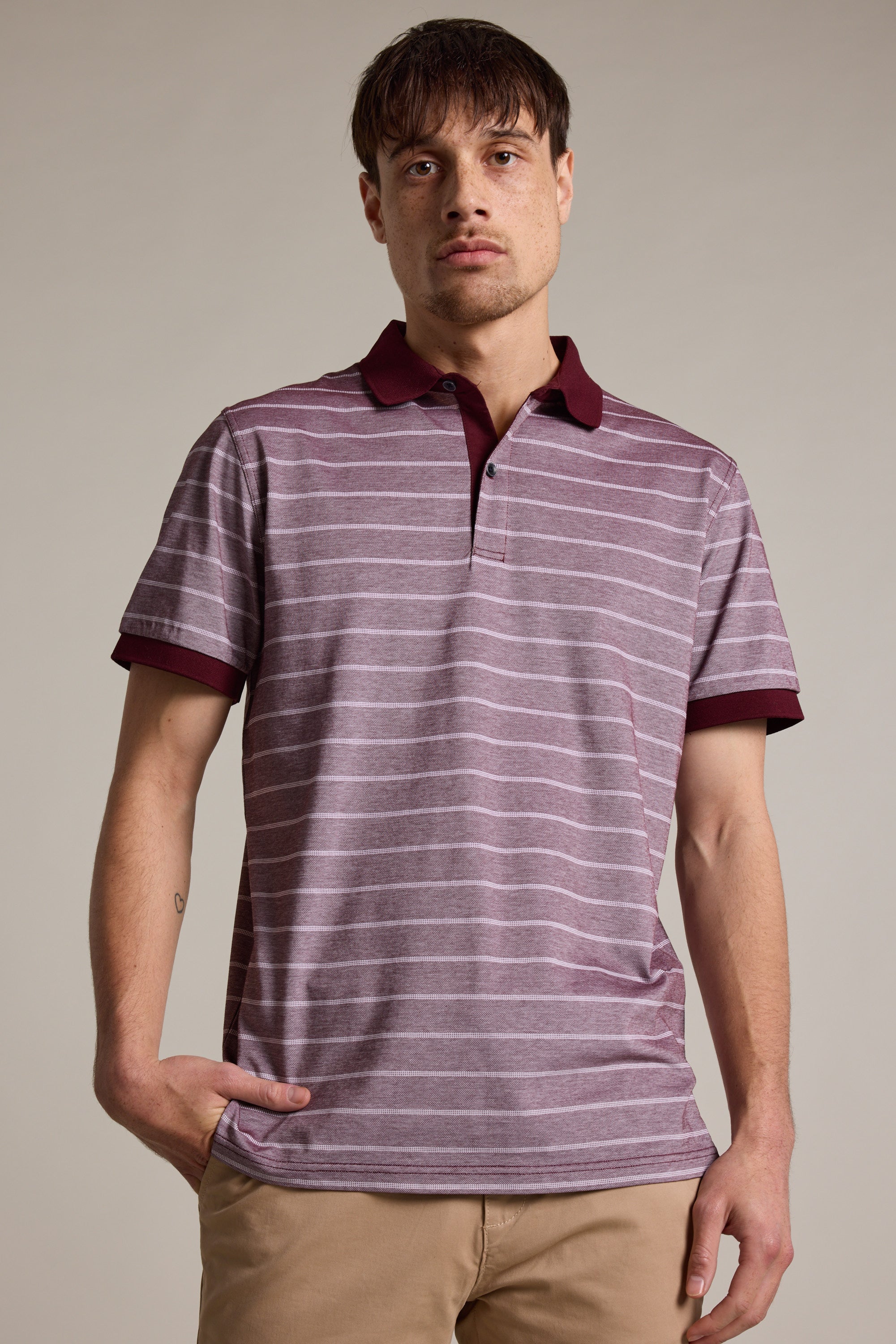 Barkers Oxley Mercerised Stripe Polo in burgundy