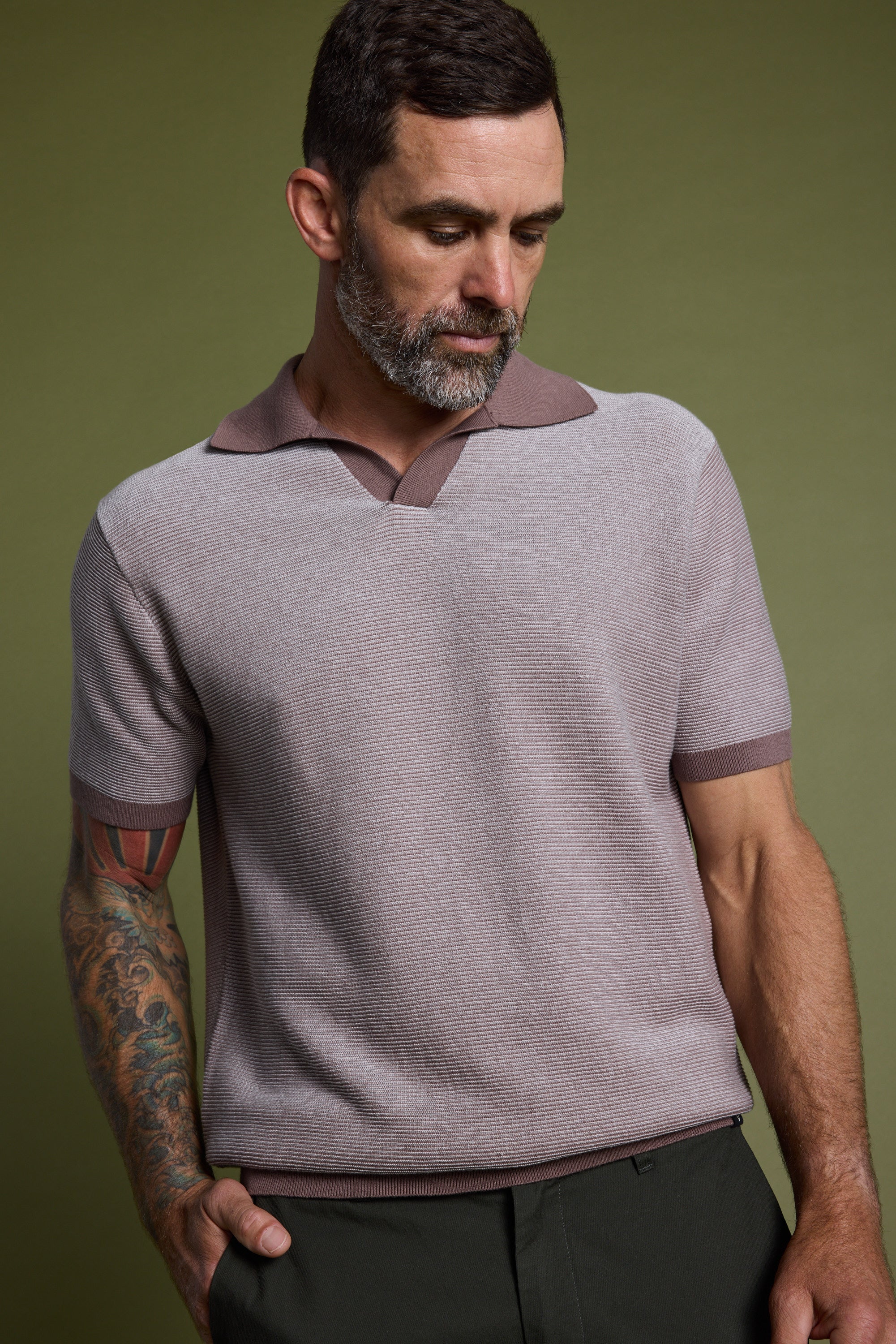 Barkers Rowan Knitted Polo in brown, relaxed fit, alternate view
