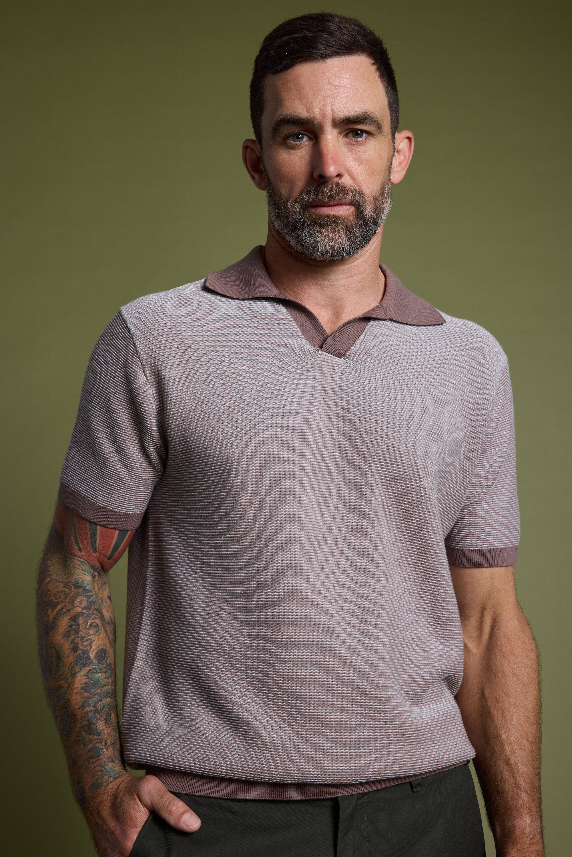 Barkers Rowan Knitted Polo in brown, relaxed fit, additional view