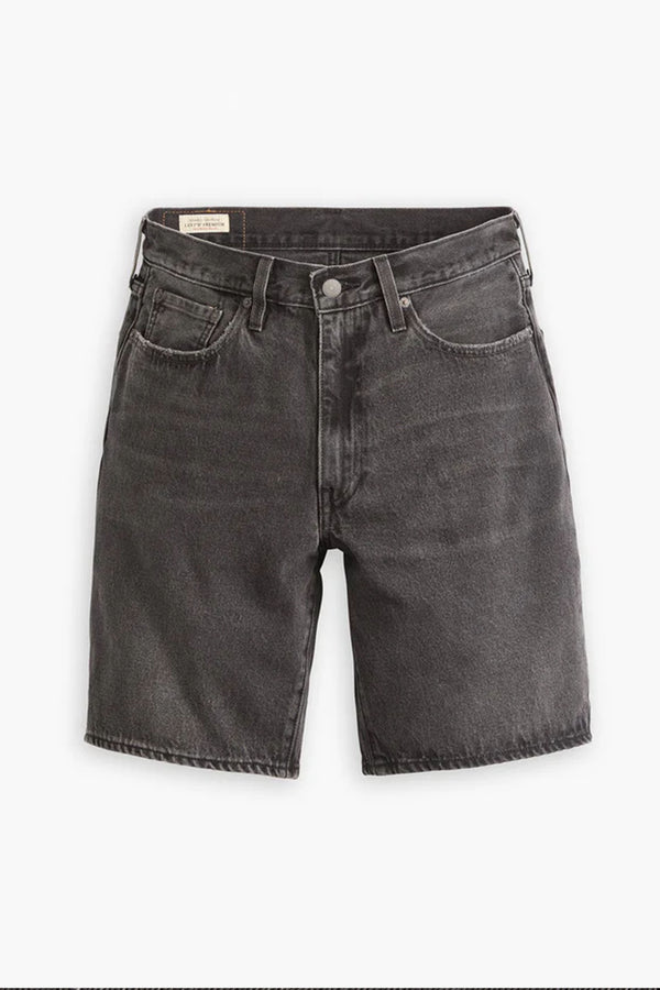The Levi's 468 Loose Short by Levis is a pair of black, non-stretch denim shorts with a classic five-pocket design, belt loops, and button closure in a loose fit, shown laid flat on a white background.