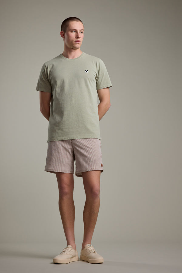 A man stands against a plain background wearing a light green t-shirt, beige shoes, and Barkers Dehaven Stripe Volley shorts in pink and white seersucker, with his hands behind his back.