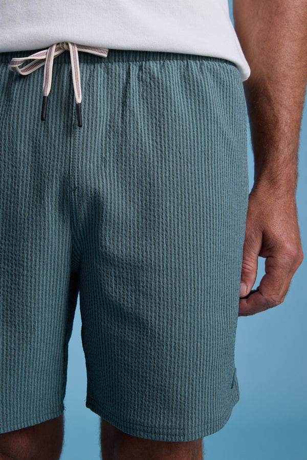 A person wears Barkers Dehaven Stripe Volley shorts with a white drawstring and a white T-shirt, shown from waist to mid-thigh against a light blue background.