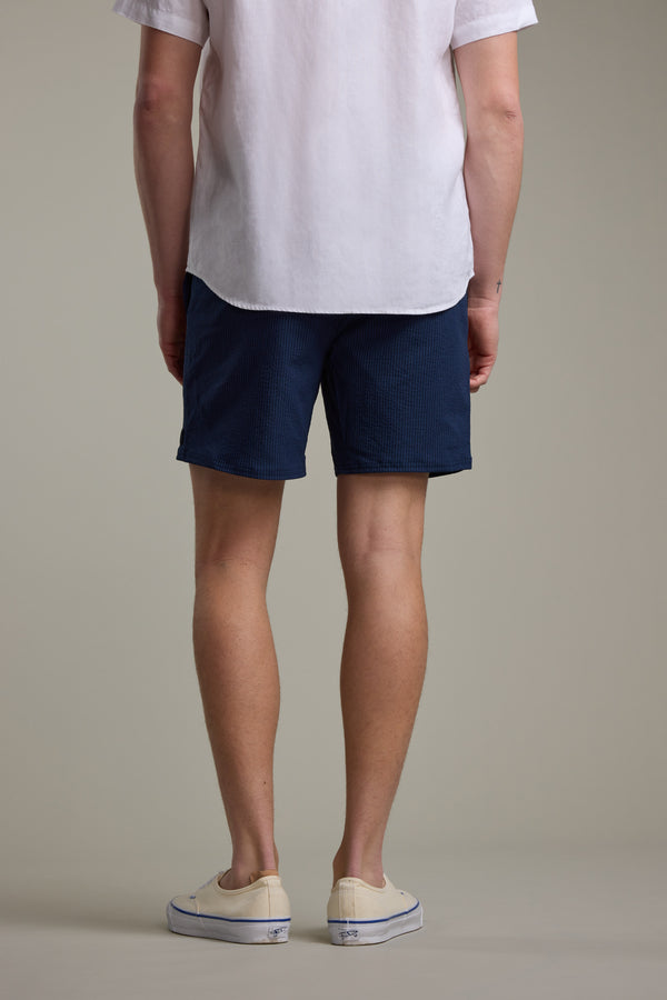 A person stands with their back to the camera, wearing Barkers Dehaven Stripe Volley navy blue seersucker shorts and a white short-sleeve shirt against a plain background.