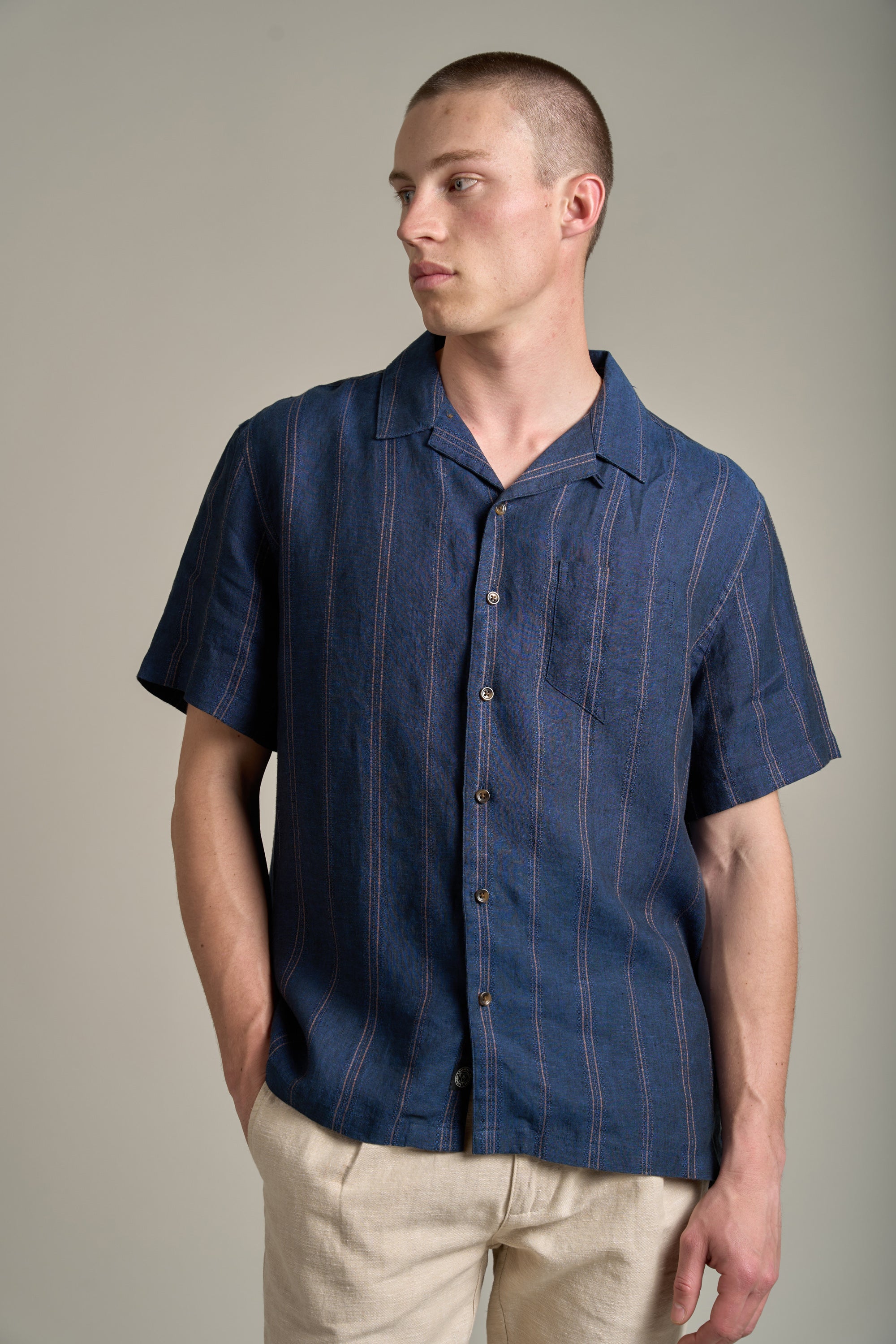 Barkers Seaway Linen Stripe Cuban Shirt in navy, additional view