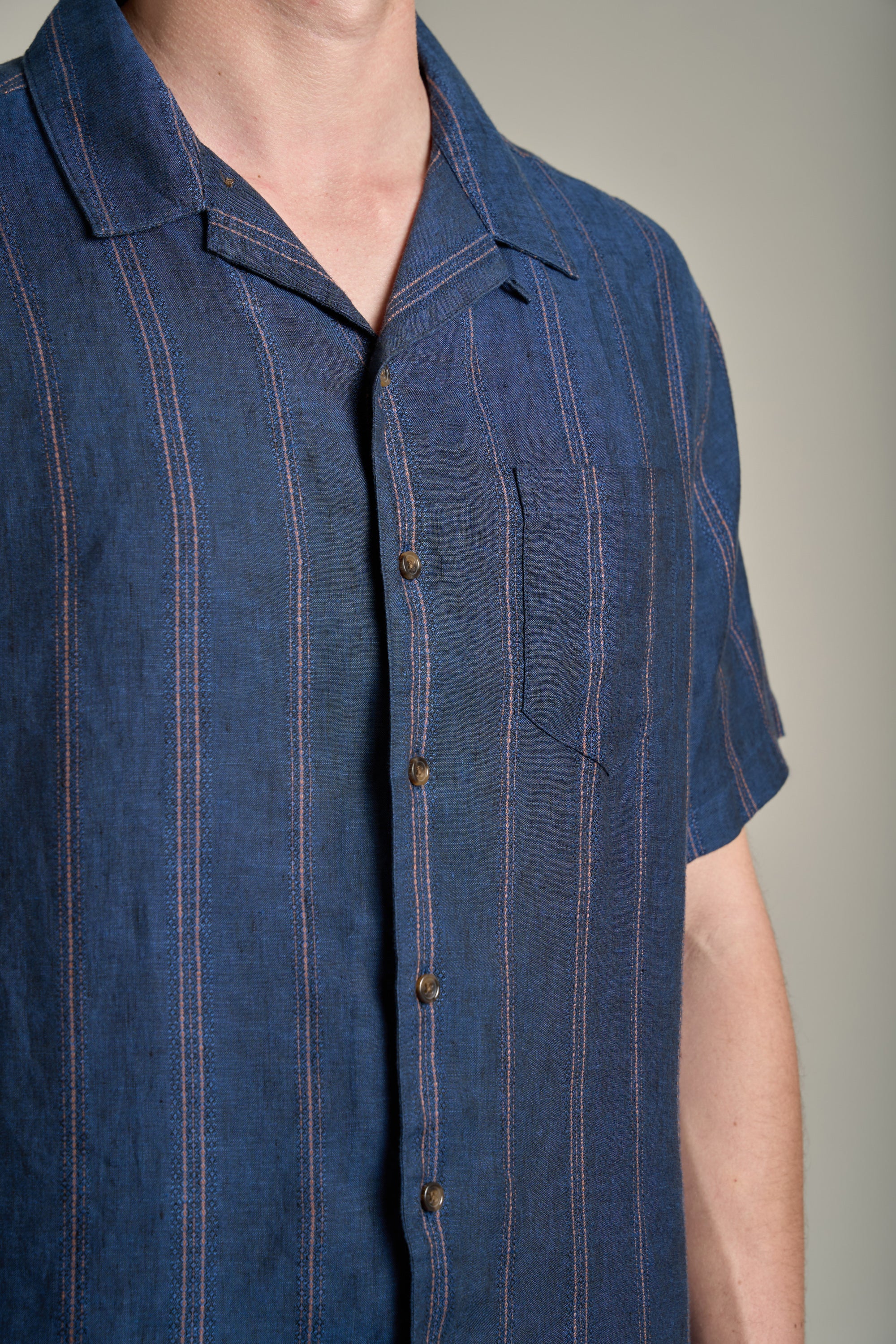 Barkers Seaway Linen Stripe Cuban Shirt in navy, additional view