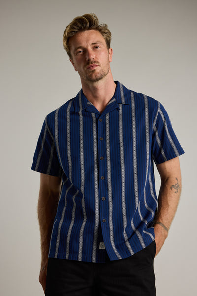 Barkers Harbour Stripe Cuban Shirt in blue, cotton