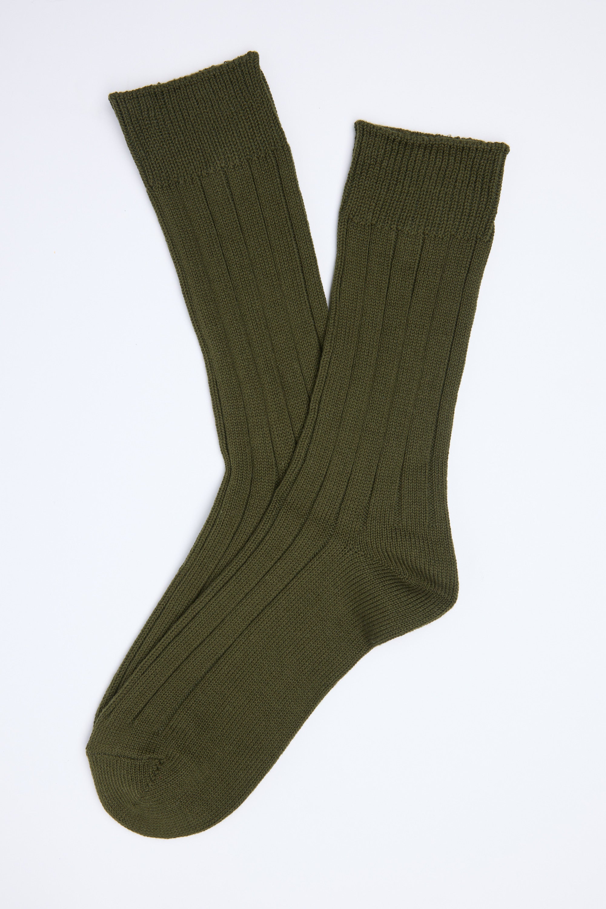 The Barkers Hutt Boot Sock, in olive green cotton blend, is shown laid flat on a white background with one sock slightly overlapping the other—an everyday essential for comfort and style.