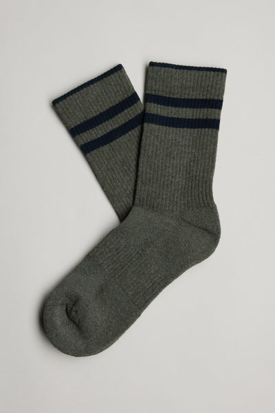 A pair of gray Barkers Emerson Sport crew socks with two dark blue stripes on a light background.