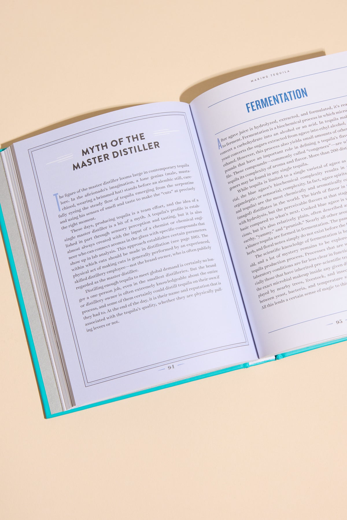 A Field Guide To Tequila by Other, open to MYTH OF THE MASTER DISTILLER and FERMENTATION pages.
