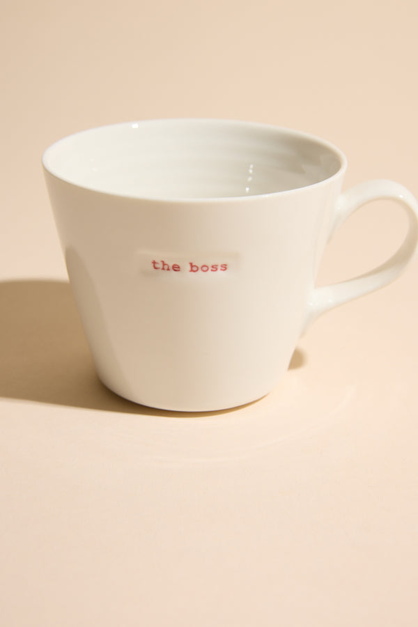 Bucket Mug - The Boss by Other, white with red text, from a designer homeware range.