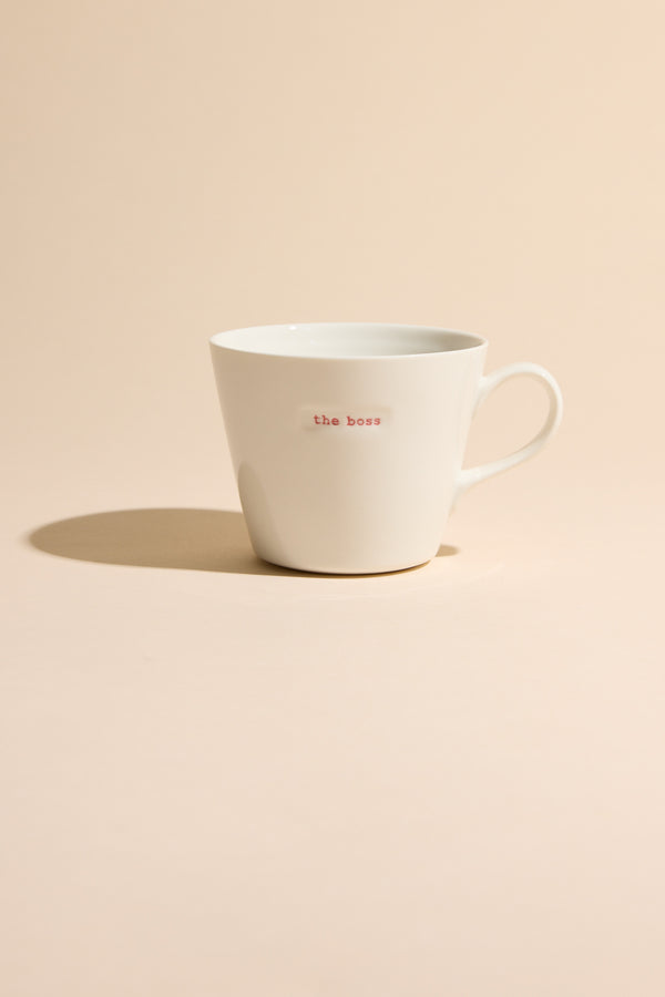 Bucket Mug - The Boss by Other, designer mug on beige background.