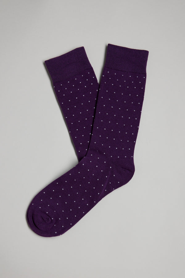 The Barkers Mercer Dot Sock in purple features a stylish pin-dot pattern and is laid flat on a light gray background, offering comfort for all-day wear.