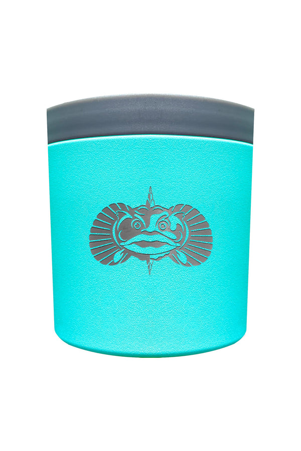 The Toadfish The Anchor is a turquoise cylindrical container with a gray lid and a black fish design. Featuring Smartgrip technology, this non-tipping cup holder by Toadfish stays secure on any surface. Shown against a plain white background.