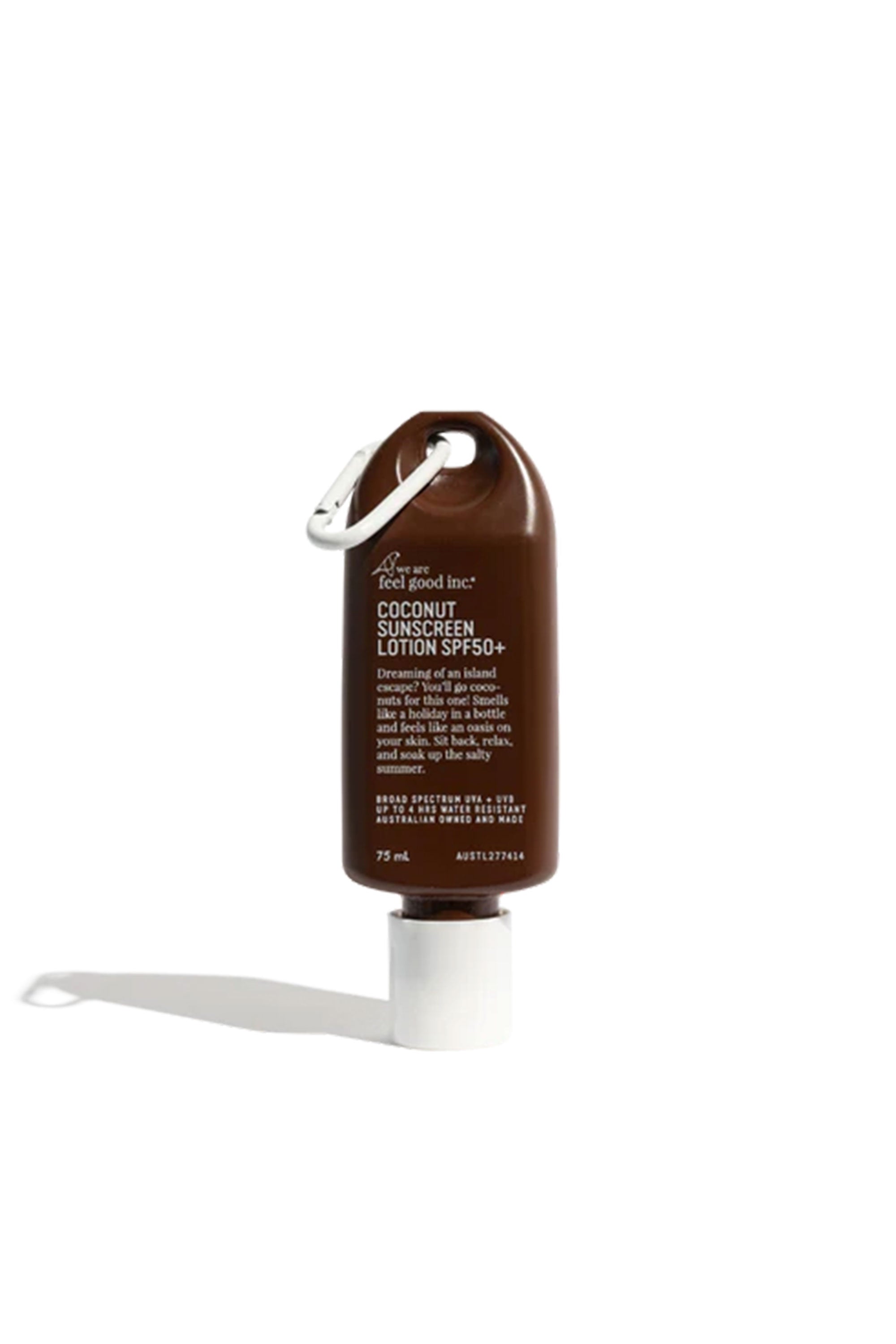 A 75ml brown bottle of Other Coconut Sunscreen Lotion SPF50+ (Traveller), made in Australia, with a silver carabiner on the cap, is standing upright on a white background.