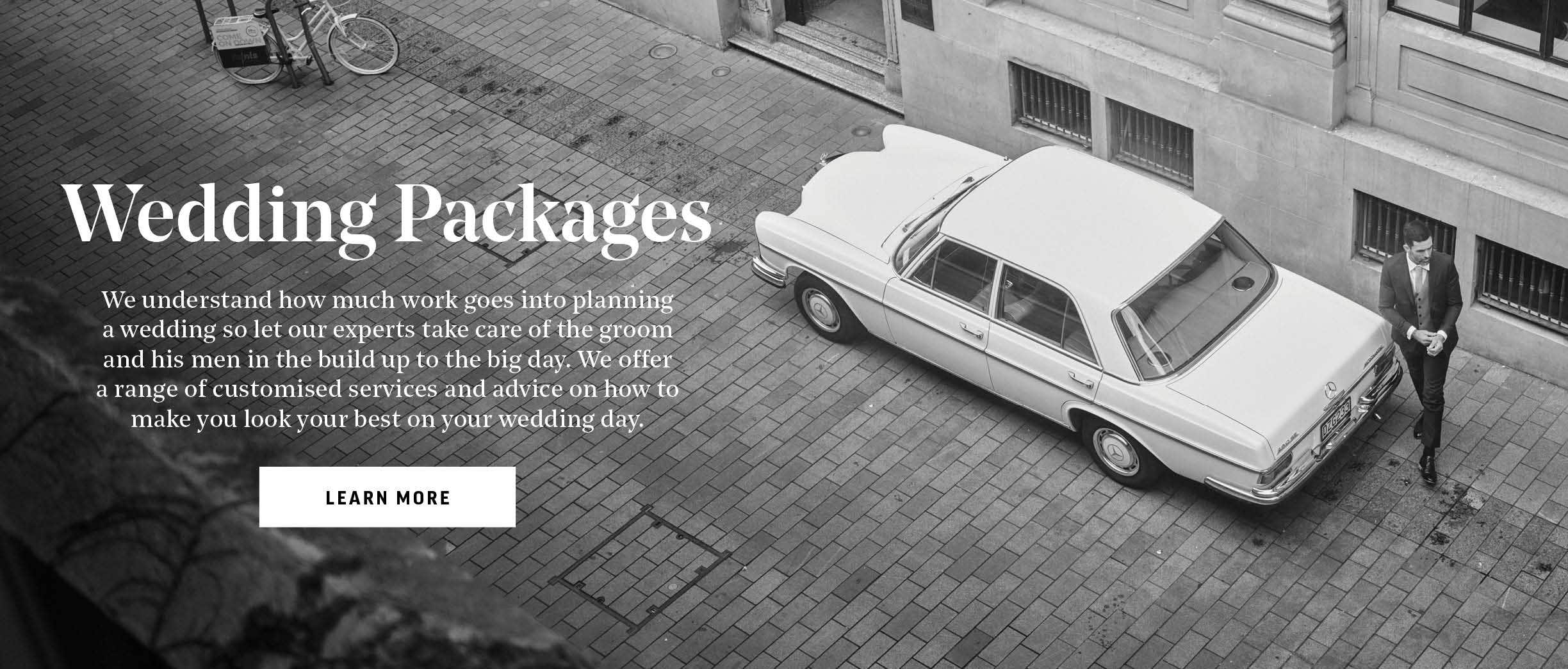 Men's wedding suit packge deals for grooms and groomsmen at Barkers. 