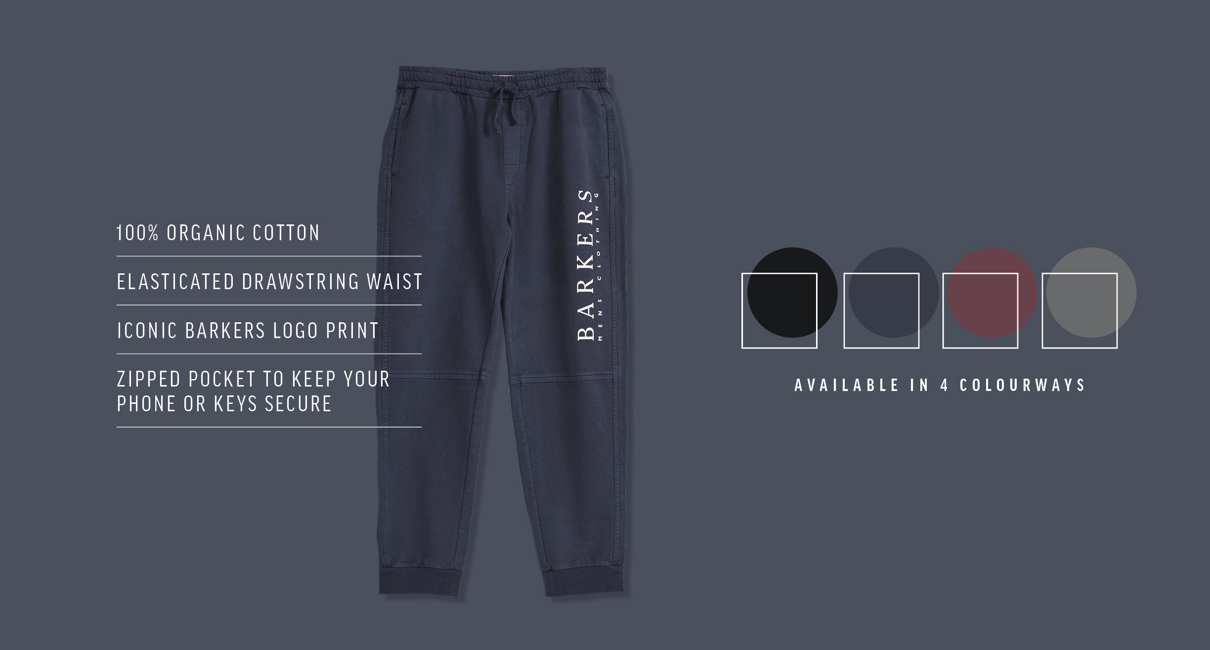 Classic print trackies available in three colours at Barkers. 
