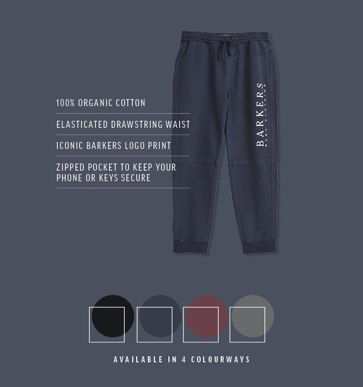 Classic print trackies available in three colours at Barkers. 