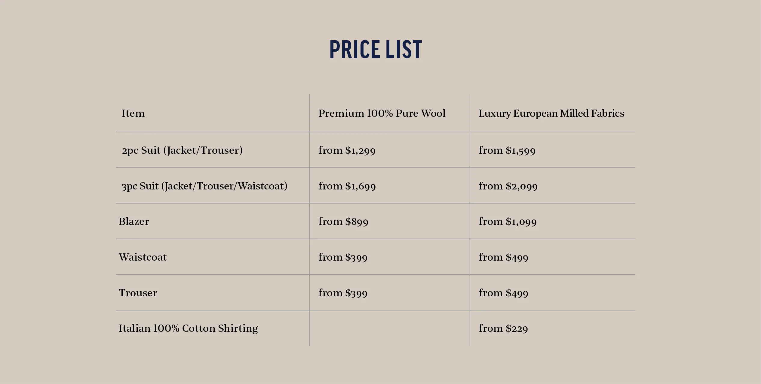 Price list for made to measure suits. Barkers 2023. 