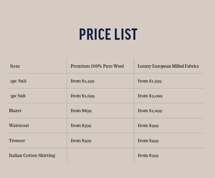 Price list for made to measure suits. Barkers 2023. 