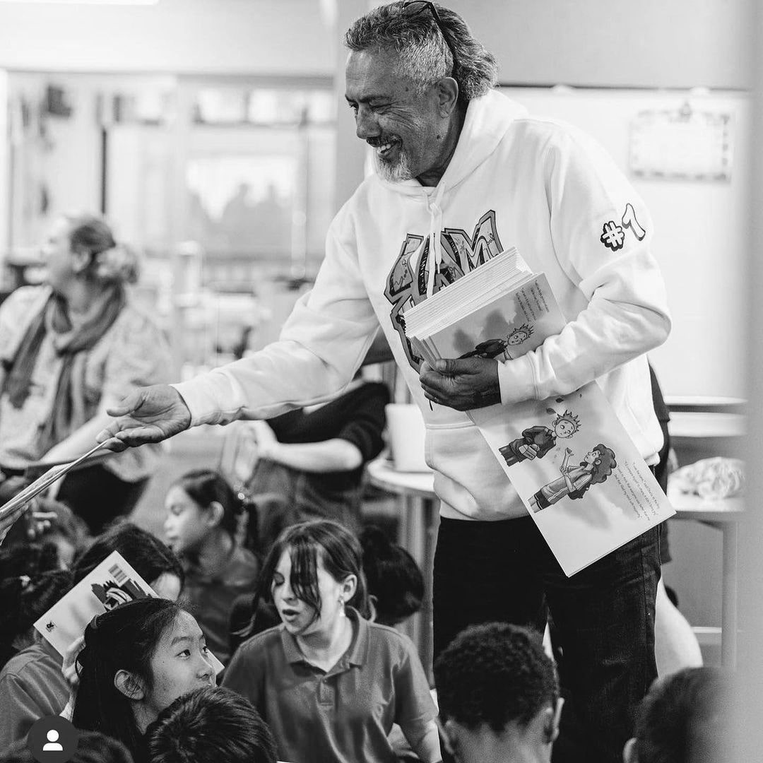 Mike King inspiring youth with Gumboot Friday. Barkers May 2024.